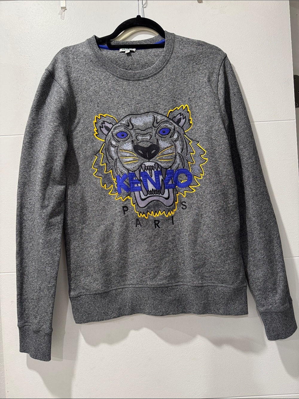 Kenzo Grey Crewneck Sweater with Blue and Yellow Tiger Embroidery